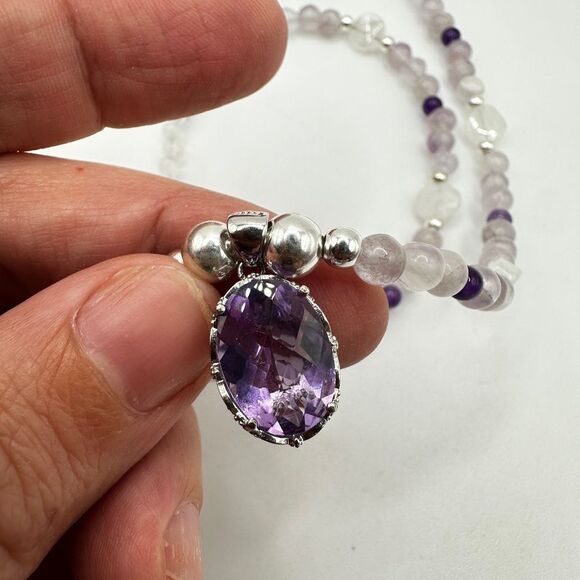 22" Revived moonstone, amethyst beaded and sterling silver necklace! - Picture 4 of 12